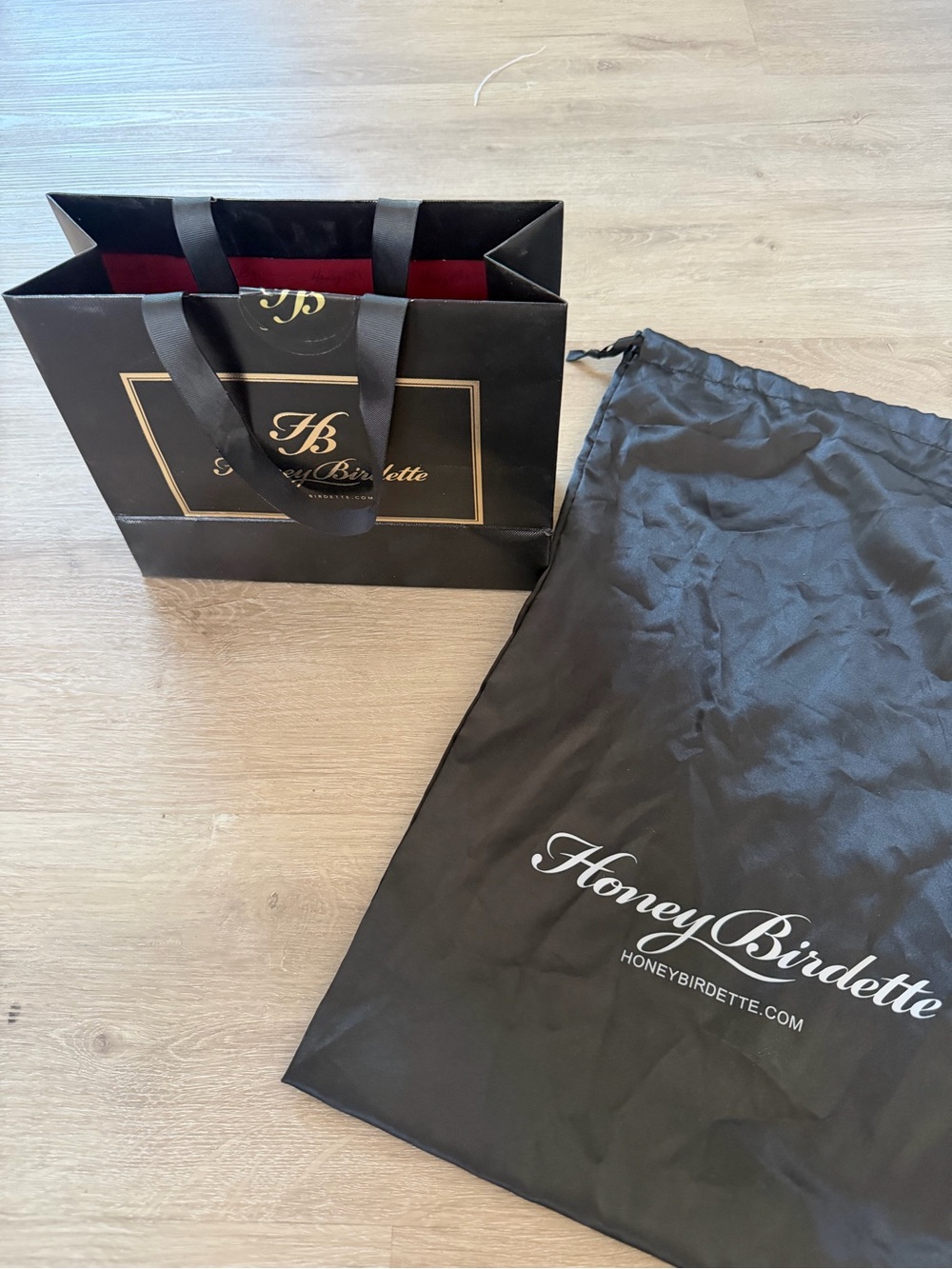 Honey Birdette Black and Gold Branded Gift Bag with Black Drawstring Dust Bag